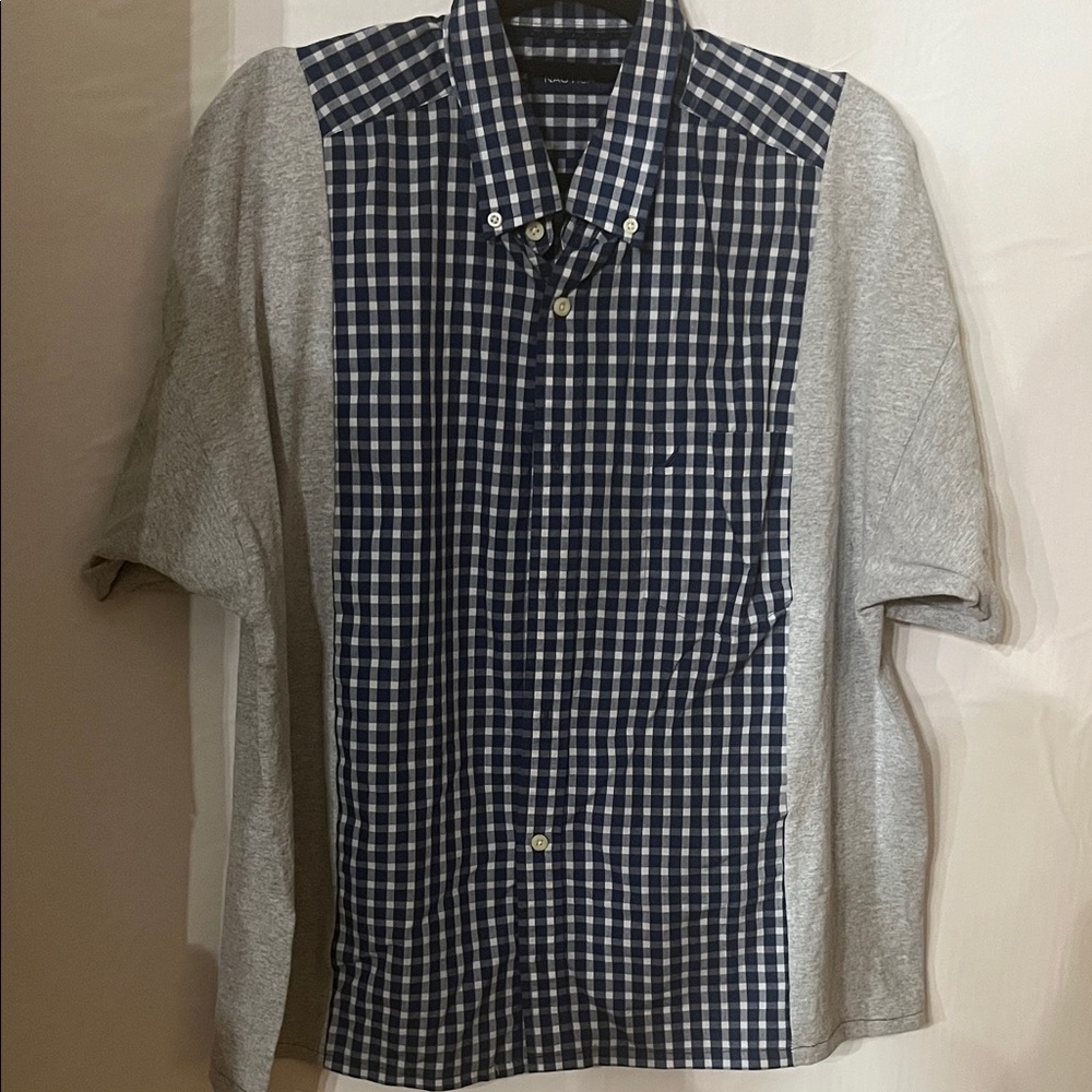 Casual Blue Checkered Shirt with Gray Sleeves